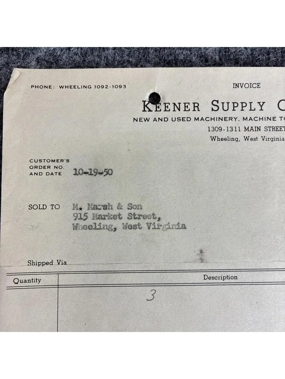 1950 Keener Supply Co Wheeling WV Invoice to M Marsh Cigar Co Bearing Purchase